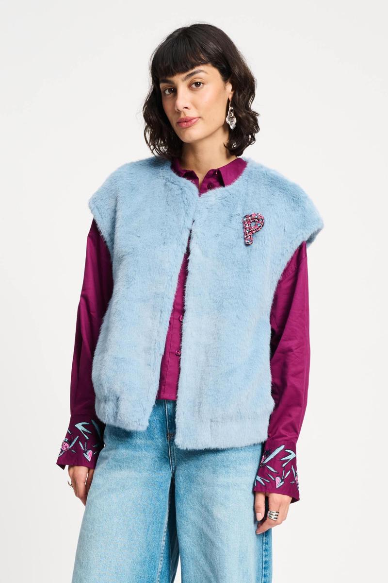 POM Amsterdam Gilet Fur Misty Blue Blauw 1